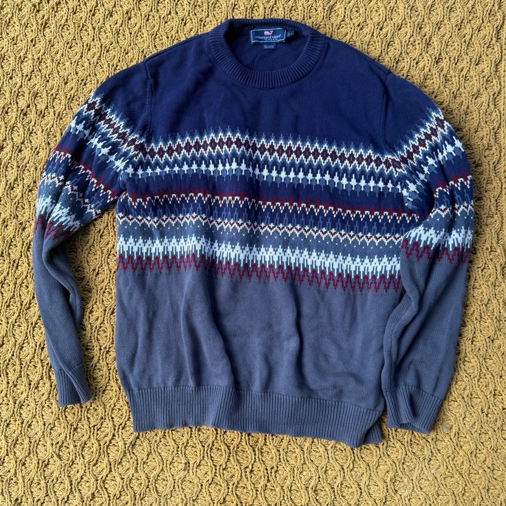 Vineyard Vines Sweater Mens Large Blue 100% Cotton Fair Isle Knit Pullover Crew
